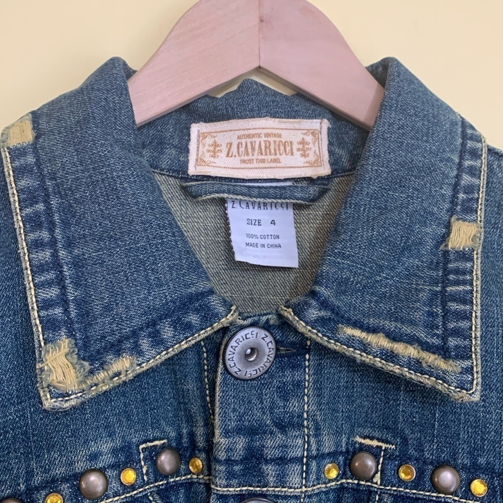 Z. Cavaricci Y2K Denim Blue Jean Bird Embroidery Distressed Button Down Jacket 4 - Picture 7 of 17